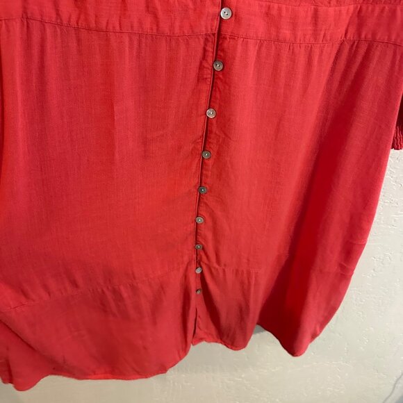 J. Jill Linen Smocked Sleeve Coral Button Up Midi Dress - Picture 5 of 9